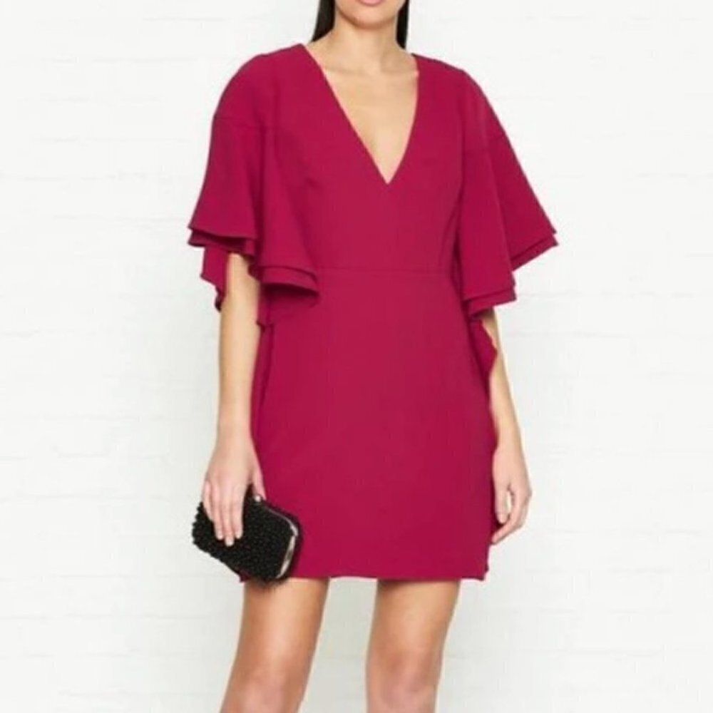 HALSTON Heritage  V-neck Flounce Sleeve Crepe Dress Size 0